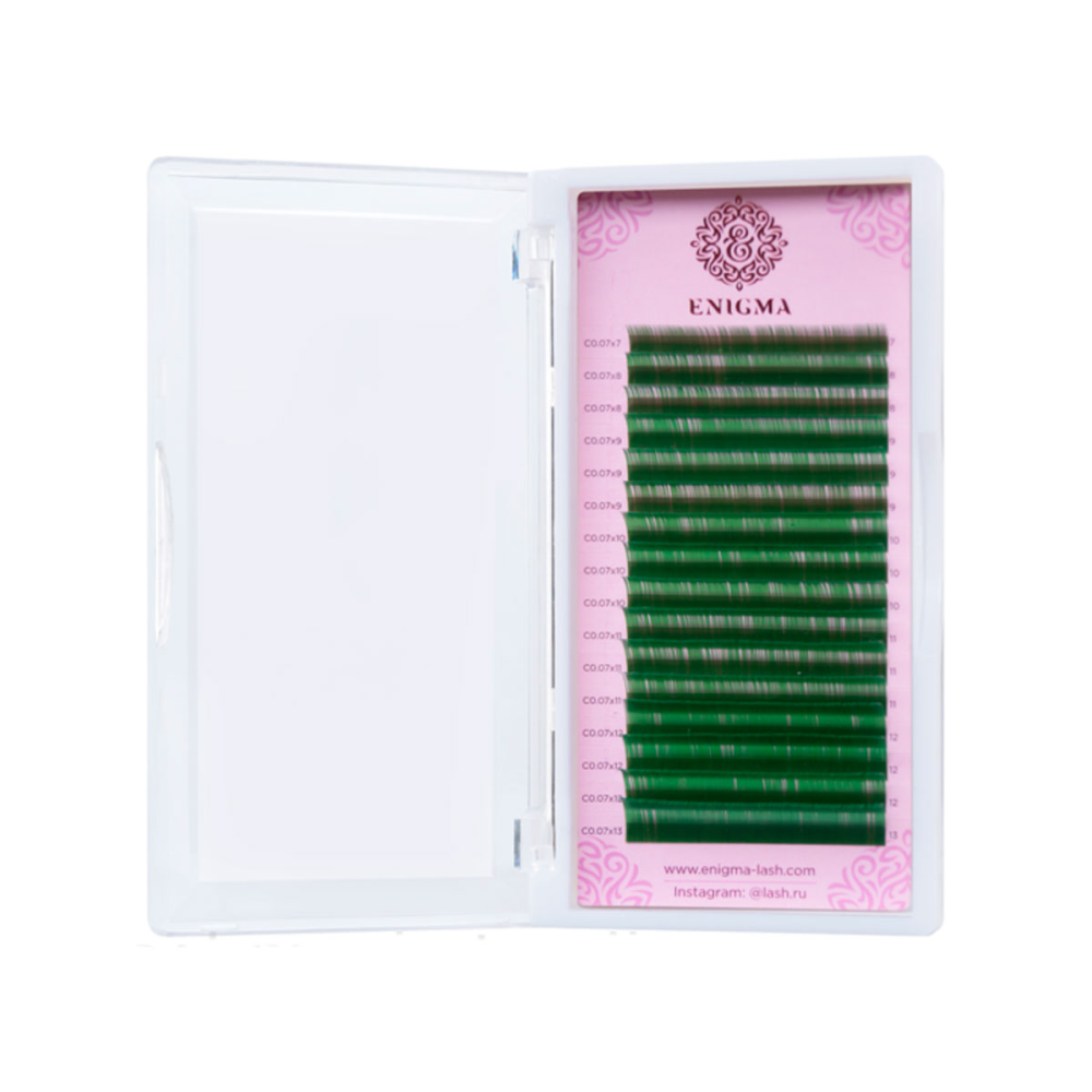 Зеленые ресницы Enigma, микс, 16 линий, изгиб L, толщина 0.07, длина микс от 6 мм до 13 мм в Новосибирске